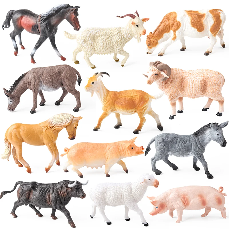 Oenux 4pcs Farm Model Simulation Horse Cow Goat Donkey Sheep Pig Action Figures Poultry Animals Figurine Education Kids Toy Gift