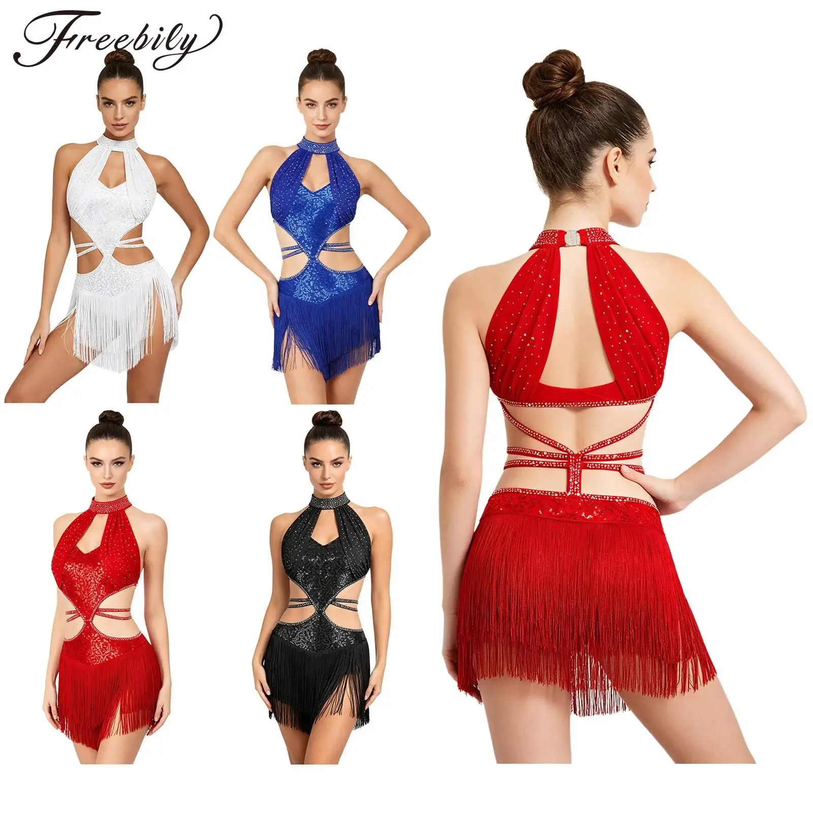 

Женское платье для латиноамериканских танцев без рукавов с бахромой, блестящими пайетками и вырезом-лопаткой спереди, для выступлений