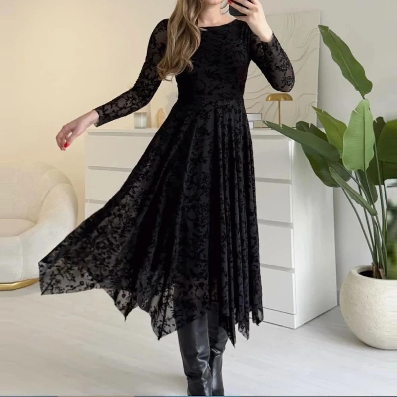

Temperament Fit High Waist Irregular Hem Dress Elegant Lady Pure Commute Maxi Dress Fashion O-neck Lace Embroidery Evening Dress