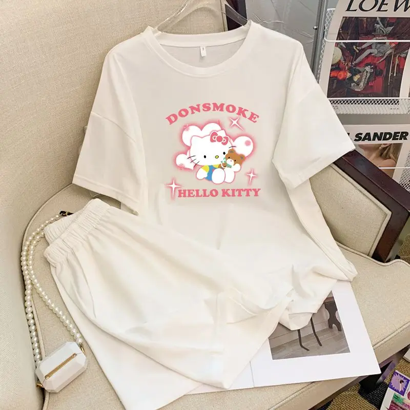 

Школьная пижама Sanrio Hello Kitty, шорты, одежда для сна с короткими рукавами, летняя пижама, кавайная ночная рубашка с героями мультфильмов, студенческая ночная рубашка, домашний костюм