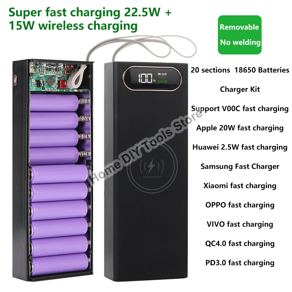 Destacável Power Bank Case 22.5w pd Qc3.0 Carregamento sem Fio Rápido Faça Você Mesmo Shell com Iluminação Led 18650 Caixa de Armazenamento de Bateria 20*18650