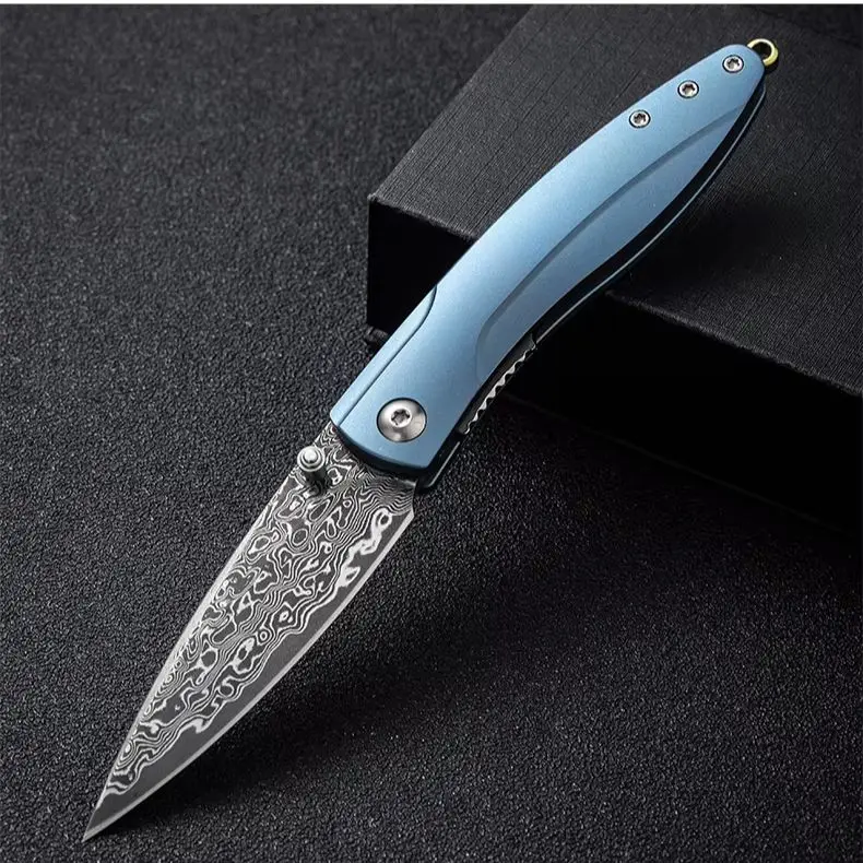 

High-grade titanium alloy handle Damascus steel outdoor folding knife pocket knife utility knife daily carry knife Fruit knife