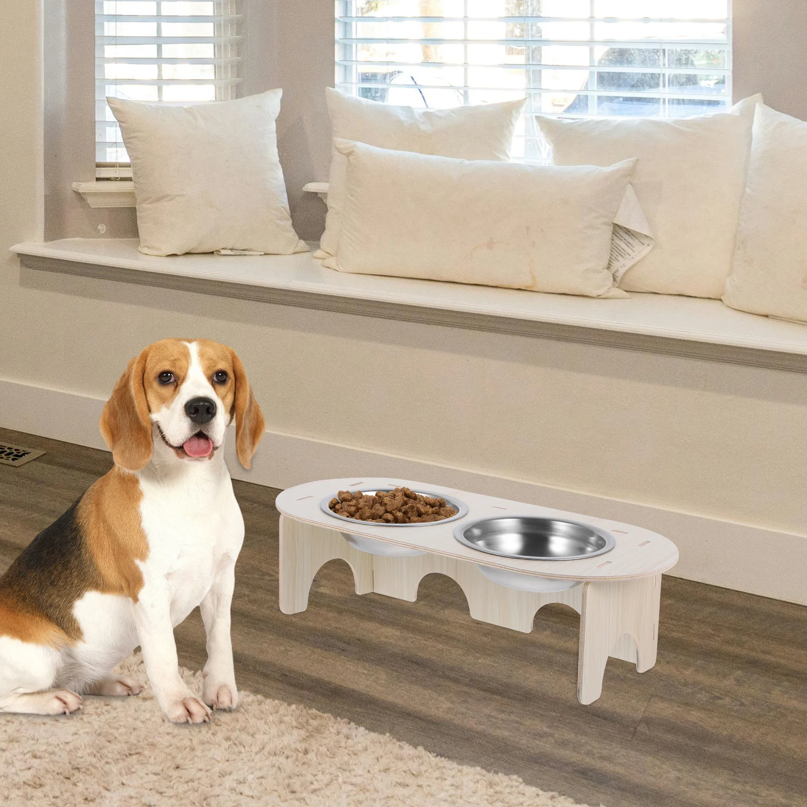 

1Set Elevated Cat Feeding Bowl Stable Double Stainless Steel Bowls Wood Stand Raised Pet Food Water Dish Kitten Puppy