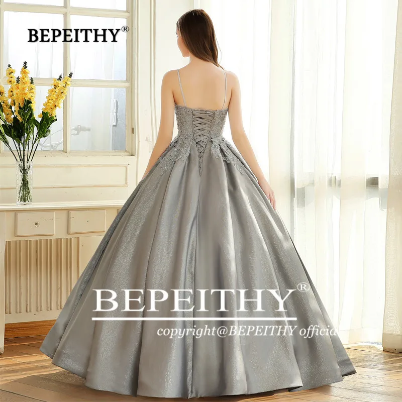 BEPEITHY-vestido De noche con tirantes finos, corpiño De encaje, tela brillante, Abiye, fiesta De graduación, 2021