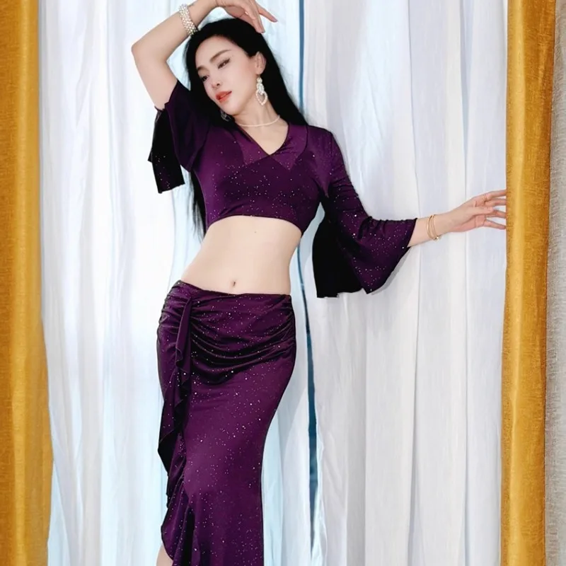 Customized Eastern Belly Dance Costumes Practice Clothes Silver Ice Silk Sprinkled Trumpet Sleeves Lace Wrapped Buttocks Skirt