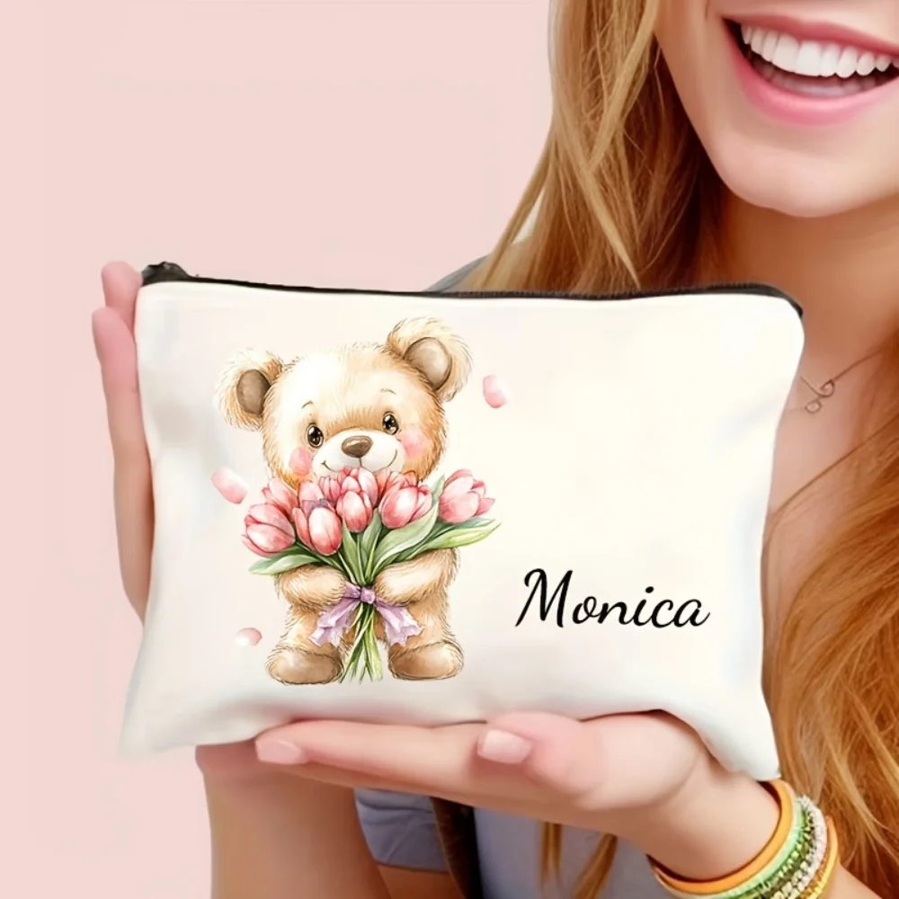 Personalized Custom Text Bear Tulip Flower Makeup Pouch Canvas Cosmetic Purse Portable Zipper Storage Bag for Birthday Gift