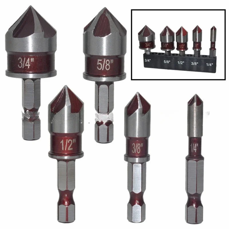 red 82 ° hexagonal shank five-blade chamferor, chamfering knife, countersink drill, screw countersunk head, countersink drill