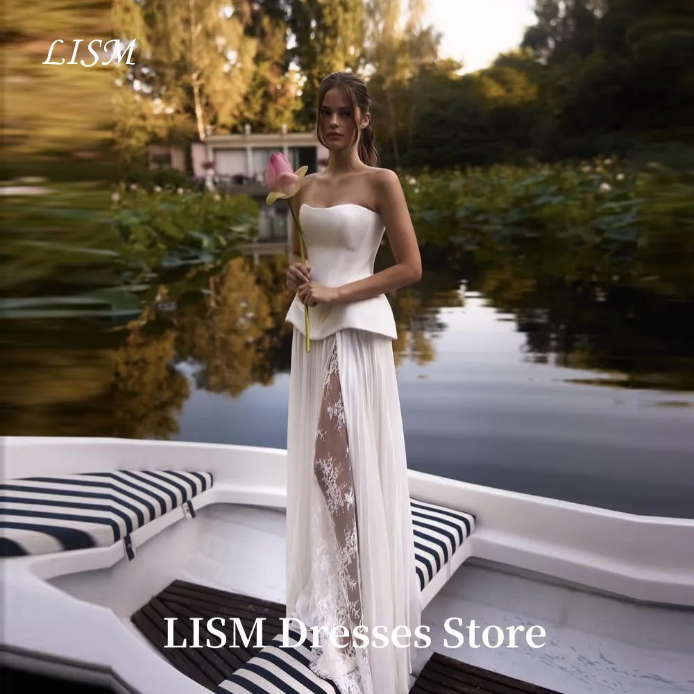 

LISM Simple A-Line Korea Wedding Dresses Soft Satin Lace Floor Length Strapless Elegant Bridal Gowns 웨딩드레스 Customized Corsets