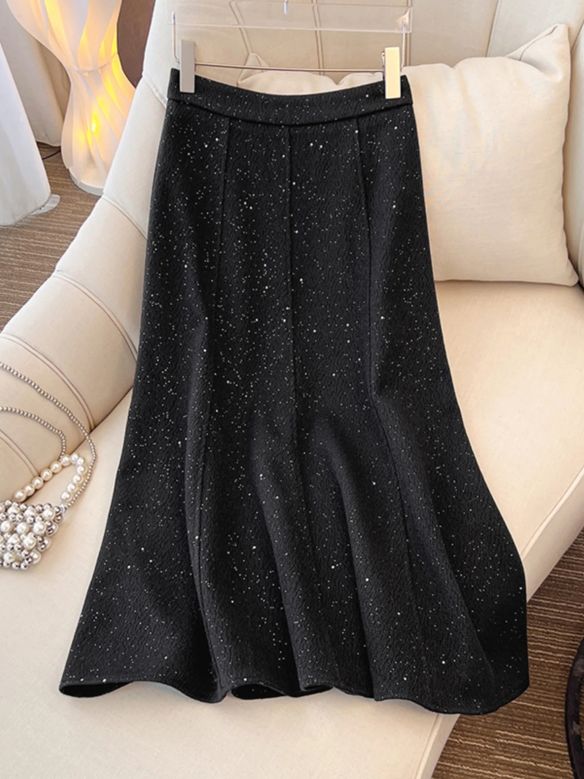 High Waist A-Line Midi Skirt Fish Tail Design Starry  Pattern Woolen Material Korean Style Commute Scene Ladies Skirt