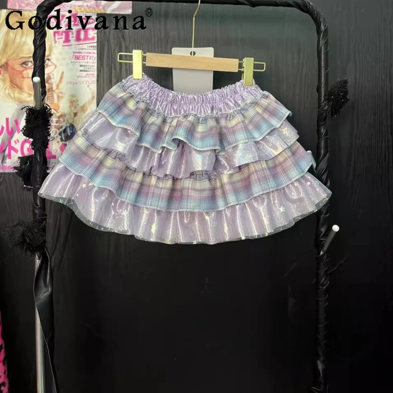 Minigonne alla moda a vita alta Y2k per ragazze Gonna Lolita estiva con volant giapponese Gonna da torta con fiocco con stampa dolce e carina da donna