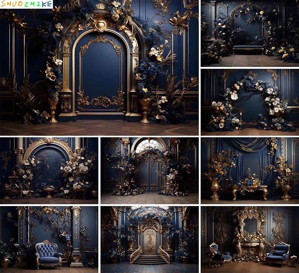 

Luxury Blue Baroque Room Photography Background Adult Birthday Wedding Maternity Portrait Decor Backdrop Photo Studio Props