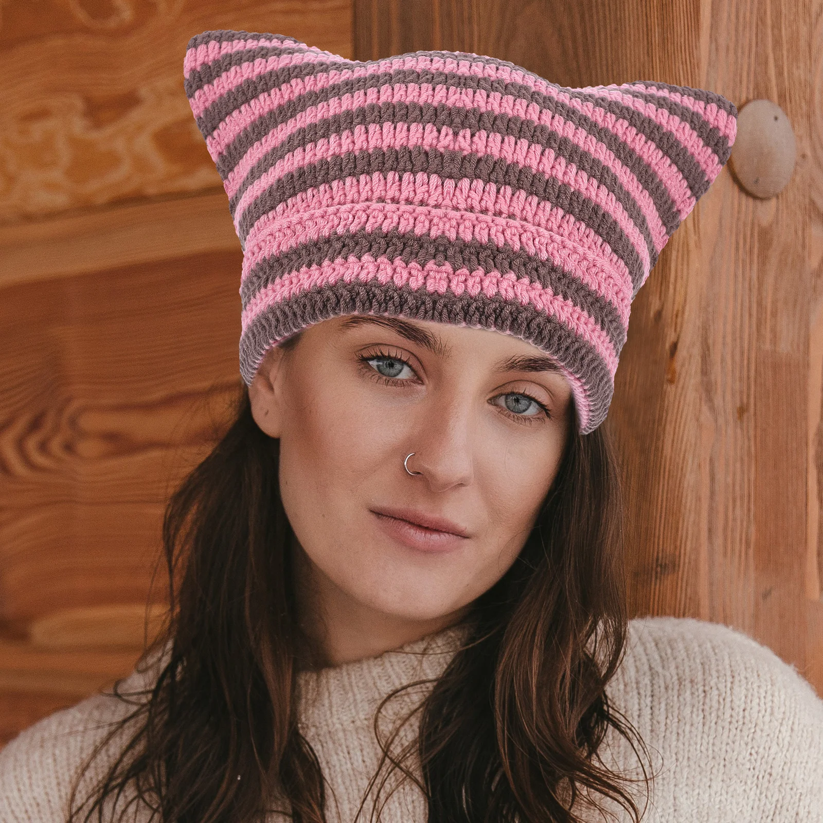 

Cat Hat Knit Beanie Wool Cap Warm Acrylic Hand-knitted Beanies Caps Winter Hats Unisex Knit Caps Women Men Pink White Striped