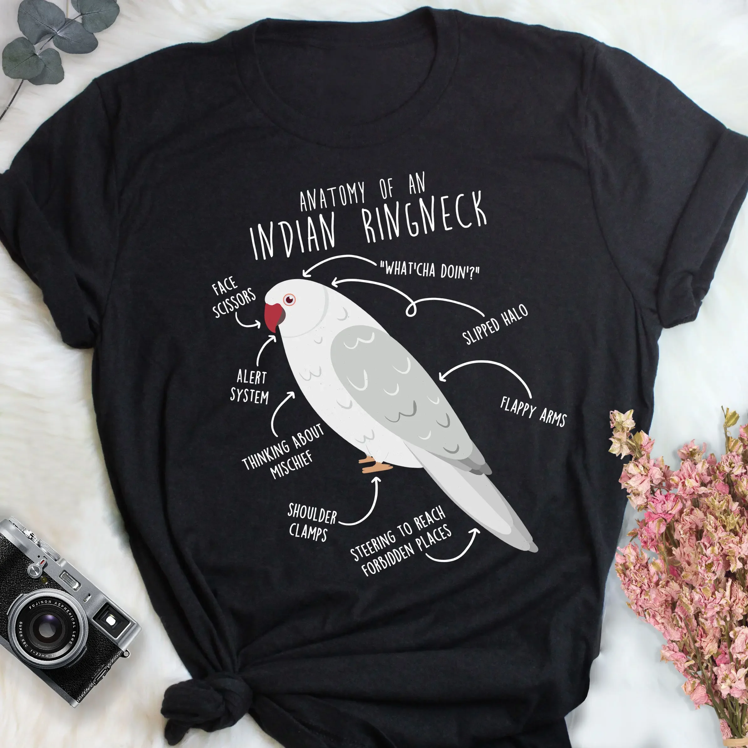 White Indian Ringneck Parrot T Shirt Funny Albino Lover Cute Pet Bird Irn Mom Ringnecked Dad Top