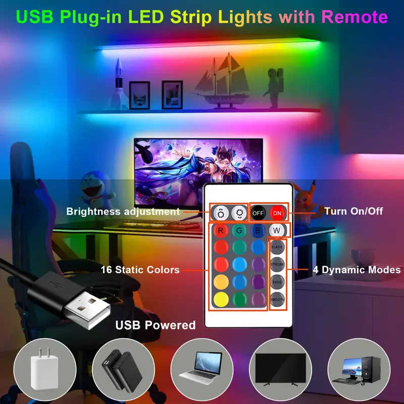 TV LED backlight USB RGB LED light strip music synchronized color changing 44-key remote control 24-key app control 3key control