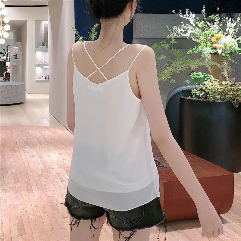 Welfare Special Hanging Vest Women\'s New Summer Wear Loose and Thin V-neck Cross Inside The Backless Chiffon Double-layer Blouse