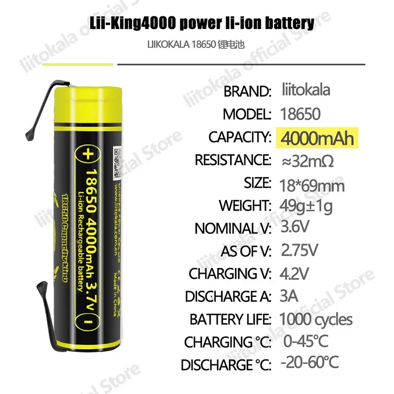 LiitoKala King400-N 3.7 v 18650 4000 mAh Lithium Oplaadbare Batterijen Continue Ontlading 12A Voor Drone Power Tools