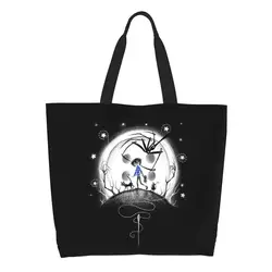 Coralines Groceries Shopping Bags Cute Printed Canvas Shopper Tote Bags Big Capacity Durable Halloween Horror Movie Handbag