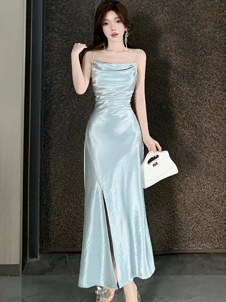 Women Blue Satin Pleated Bodycon Sling Sexy Long Dress Summer Elegant Luxury Dance Party Dress 2025 Korean Bodycon Evening Dress