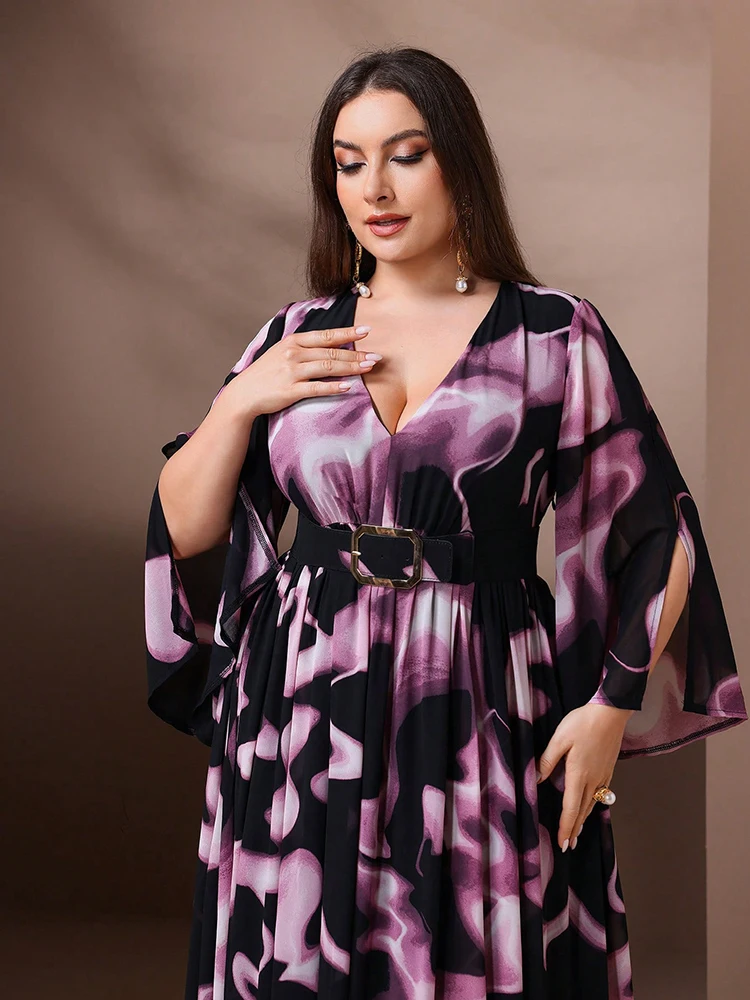 TOLEEN-V-Neck Tie Printed Dress for Women, Waist Belt Cross, Long Sleeve, Casual Elegant Party Maxi Dresses, Plus Size, New 2024