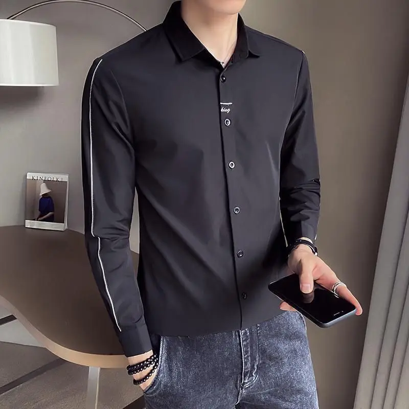 Elegant Fashion Harajuku All Match Slim Fit Shirt a Peaked Collar Button Long Sleeve Outerwear Loose Casual Sport Ropa Hombre