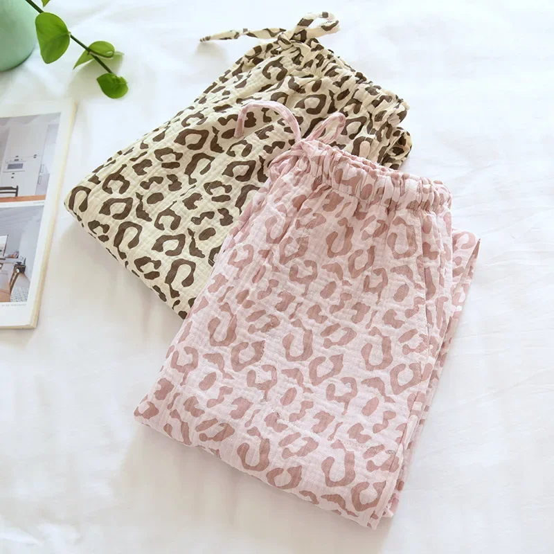 100% Cotton Crepe Leopard Print Pajamas Sweat-absorbent Breathable Home Pants Trousers New Ladies Pants 잠옷
