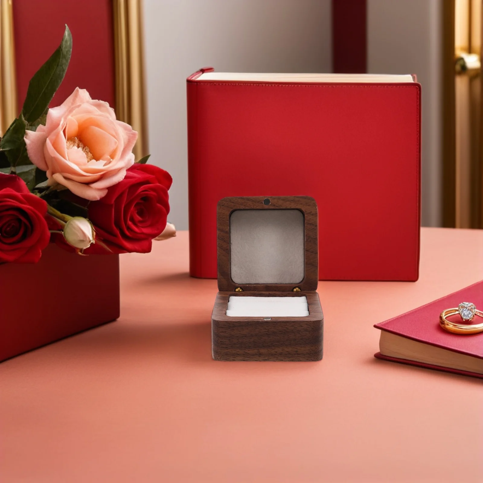 Wooden Ring Box Double Slot Square Stud Earring Case Retro Necklace Pendant Holder Wedding Ceremony Proposal Jewelry Organizer