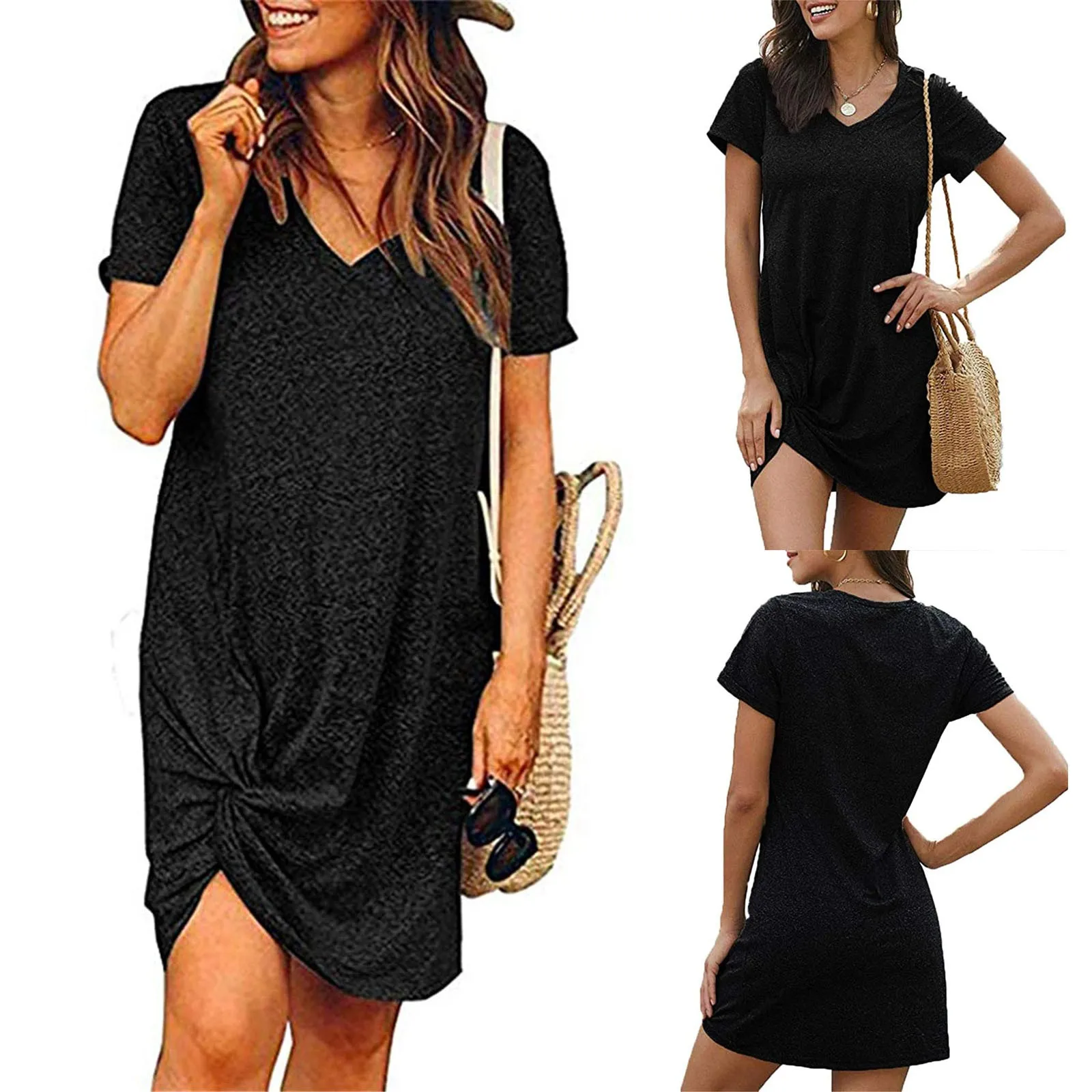 Summer Women's Tshirt Dresses Fashion Solid Color Tie The Knot V-Neck Short Sleeves Leisure Beach Dress