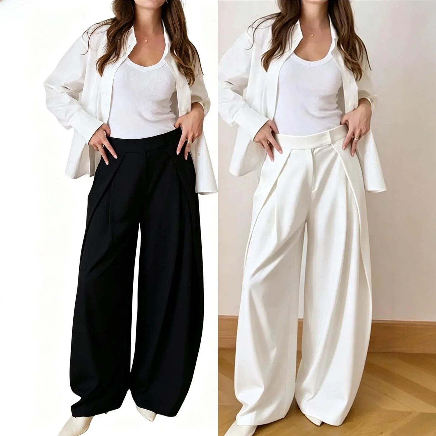 High Waist Wide Leg Pants Women's Holiday Trousers Casual European Style Polyester Fabric mid High Waist Beach Scene