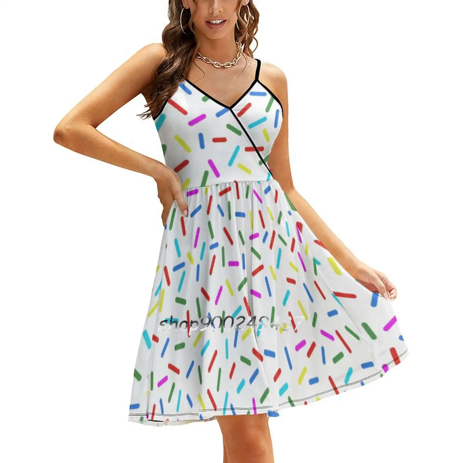 Bright Colorful Rainbow Sprinkles Sweet Summer Casual Sling Dresses Korean Women Sexy Sundress Bright Colorful Rainbow