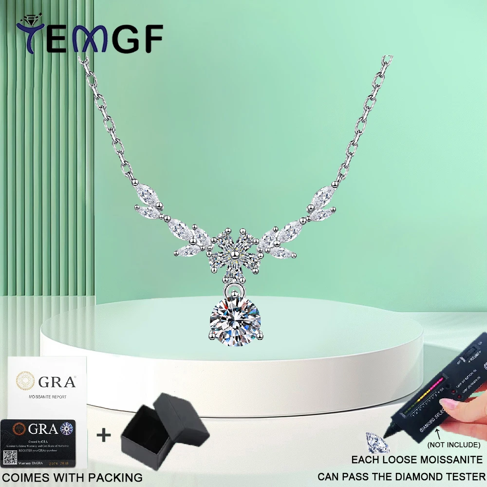 

TEMGF 1CT Moissanite/Zircon Pendant Necklace for Women 925 Sterling Silver Neck Chain Party Sparkling Jewelry Fine Birthday Gift
