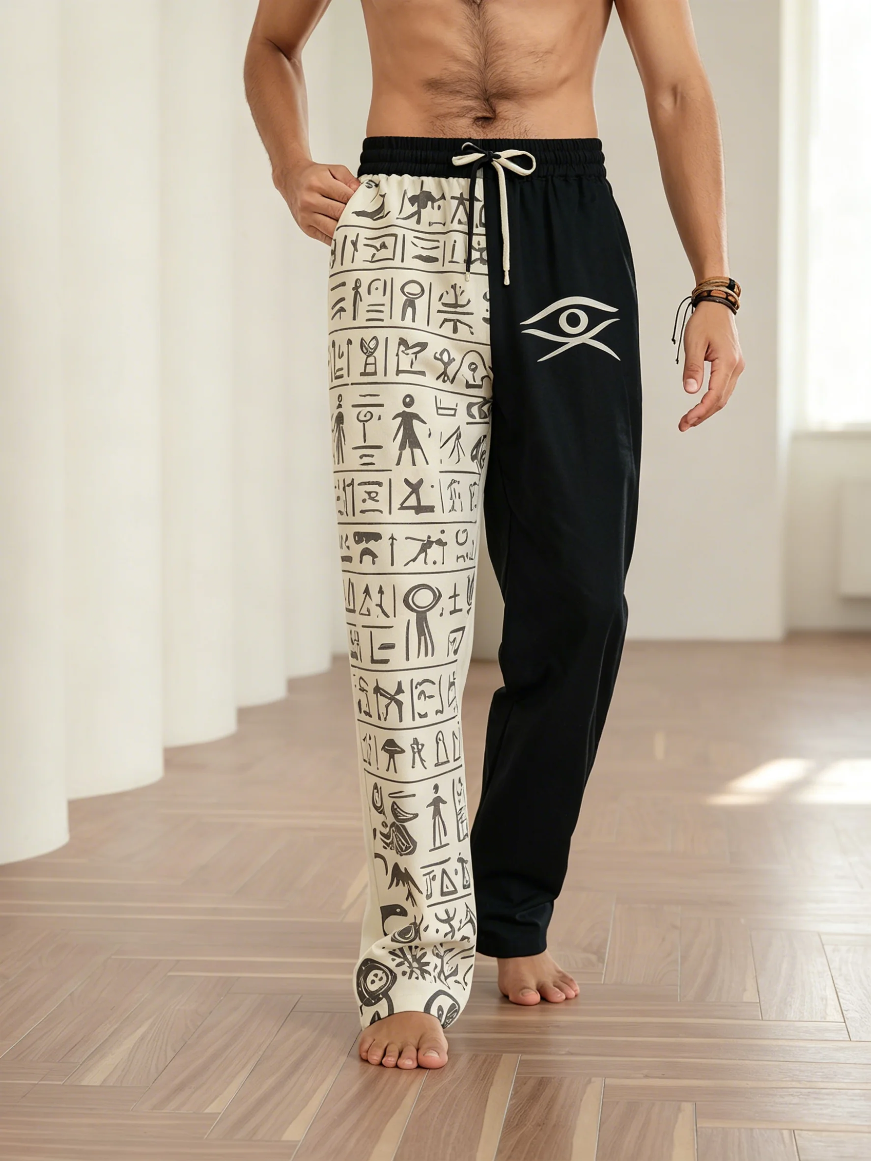

Men's Egyptian Hieroglyph & Eye of Horus Split Print Drawstring Wide Leg Pants, Casual Loose Trousers for Spring Summer Wear
