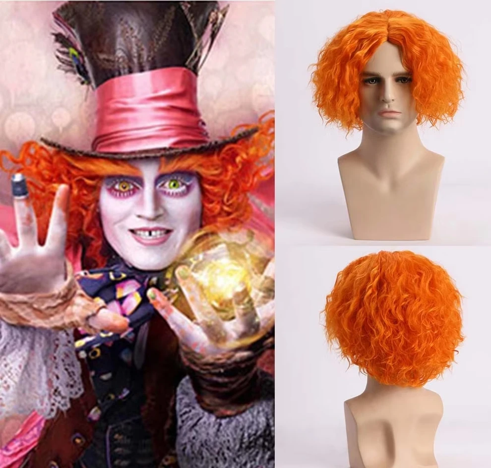 

30cm Short Orange Curly Wave Wig With Middle Part Bangs Mens Wig Fiber Synthetic Wig Heat-resistant Cosplay Daily For Man