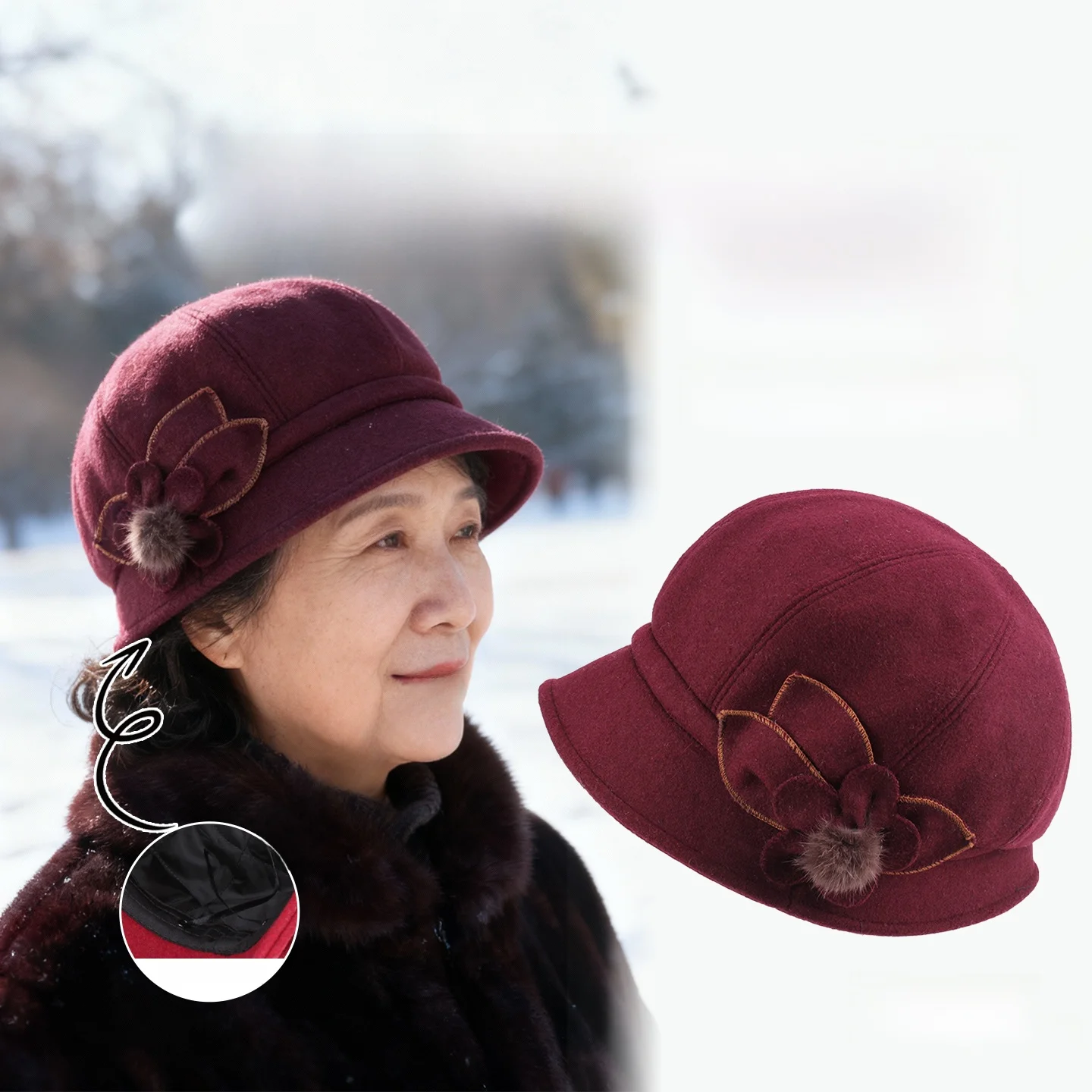 

Утепленная шерстяная шапка для женщин: зимняя, теплая, с хлопковой подкладкой, круглая, повседневная, с цветочным узором, коротким козырьком