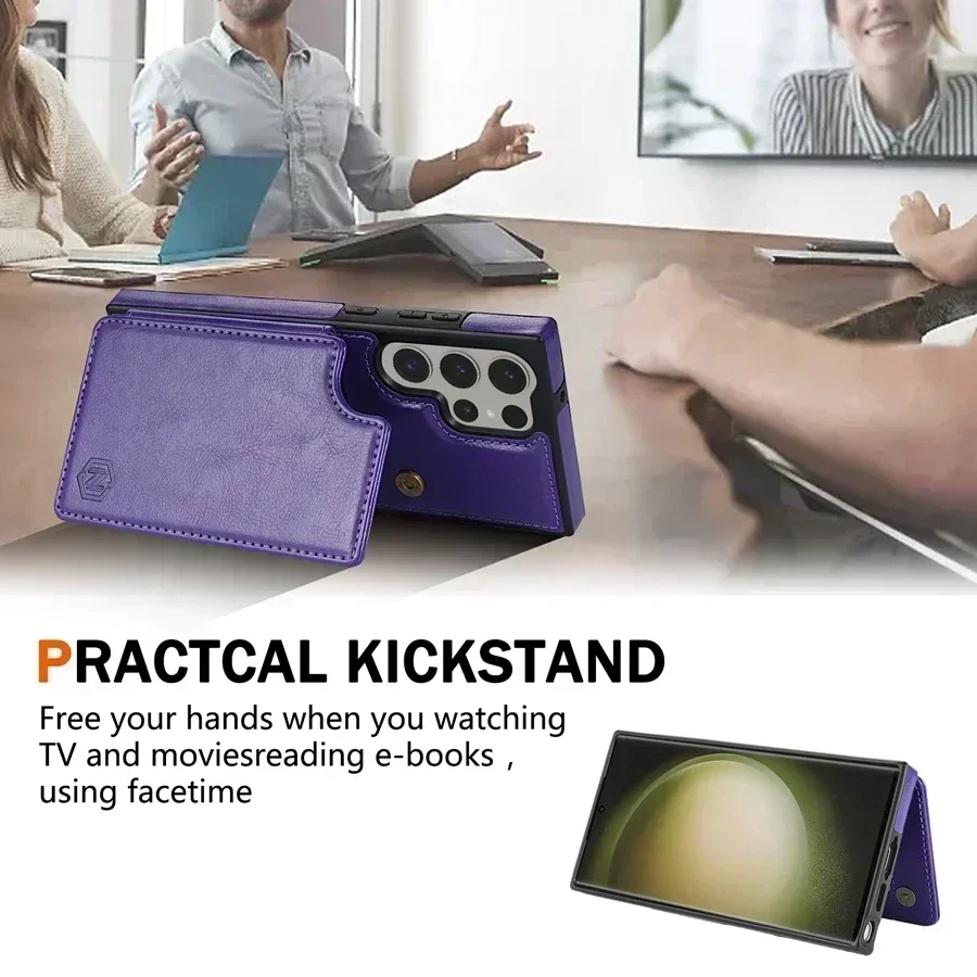 กระเป๋าสตางค์สีทึบแม่เหล็กหัวเข็มขัดคู่ RFID Blocking Card สําหรับ Samsung Galaxy S24 Ultra S23 FE S22 PLUS S21 s20