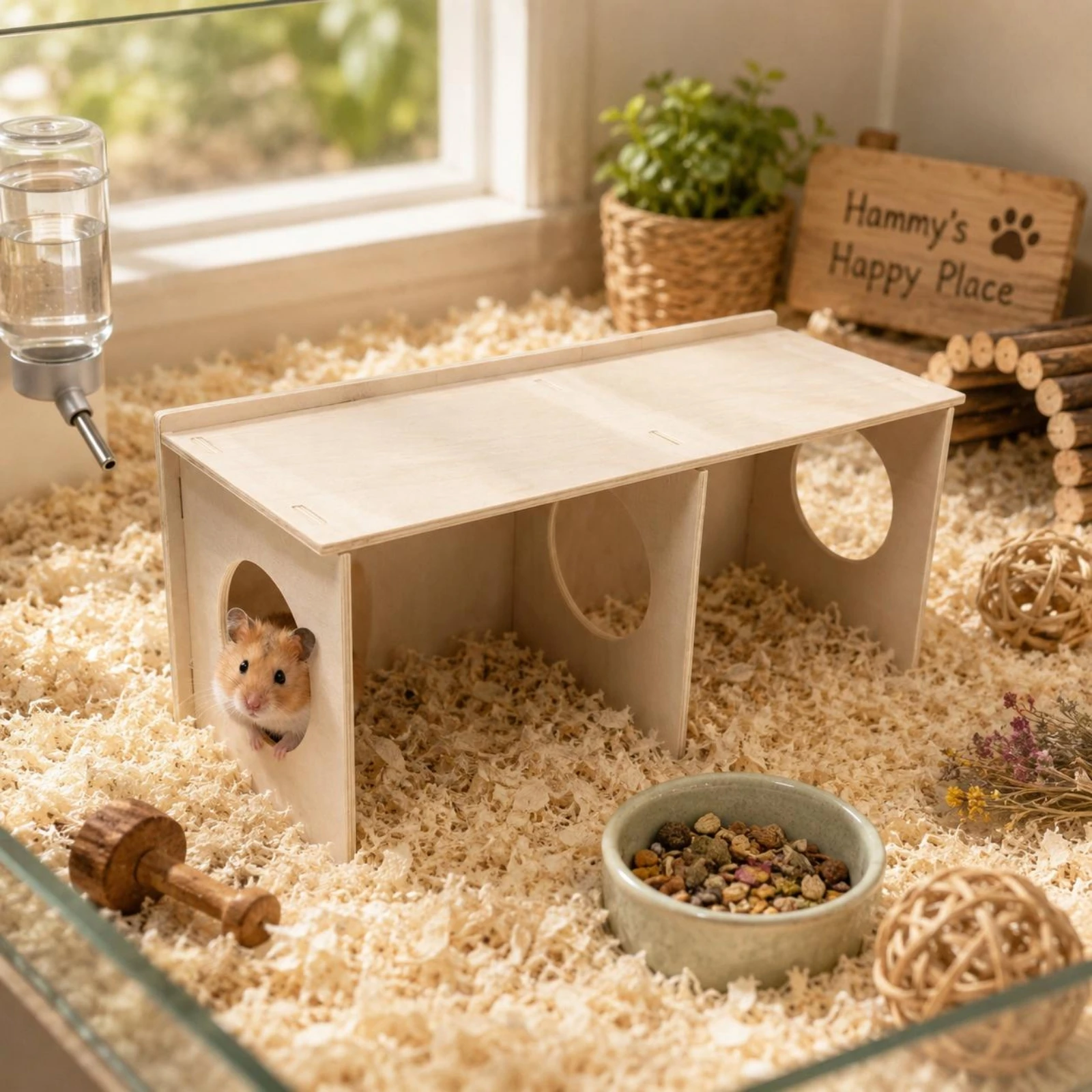 

Hamster Hideout Platform Circular Openings Hamster Playhouse Wooden Shelter Box Accessible Underside Creature Playground Safe To