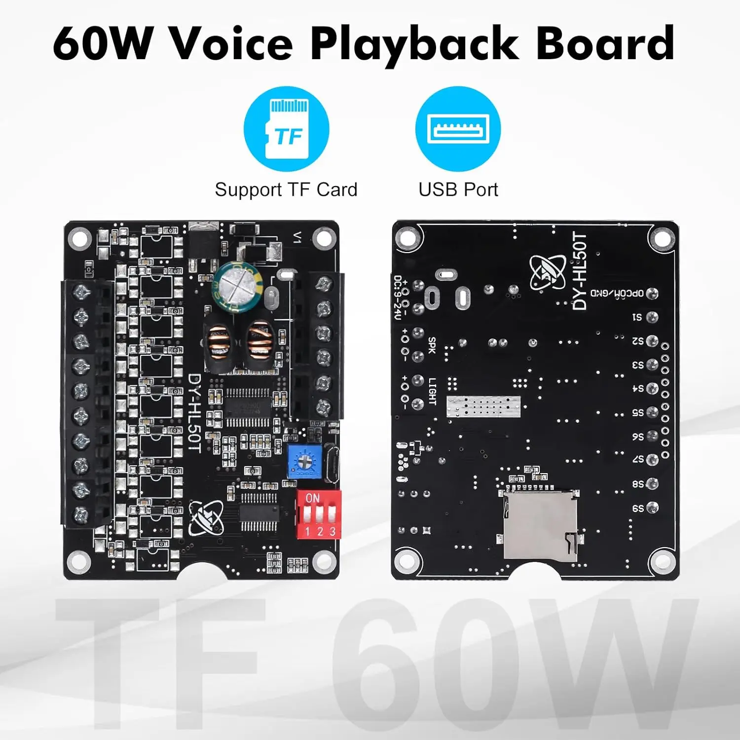 MP3 Voice Player Module Sound Playback Broadcast 30W 60W Music High Power Amplifier DC9-24V Biult-in Storage TF Card for Arduino