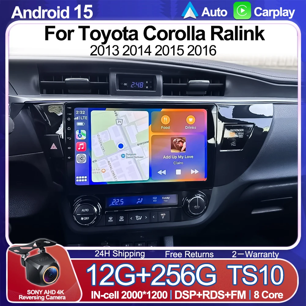

Автомобильный радиоприемник Android 15 для Toyota Corolla Ralink 2013 2014 2015 2016 5G LTE DVD, беспроводной Carplay, авторадио, GPS, головное устройство QLED