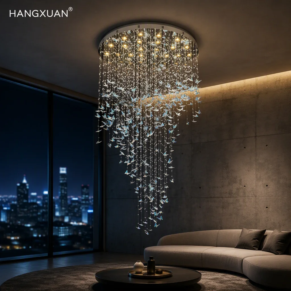 Indoor Custom Hotel Big LED Long Modern Luxury Gold Pendent Crystal Iridescent Glass Adjustable Height Butterfly Chandelier
