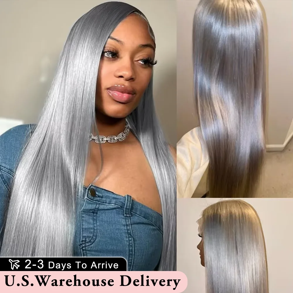 250 Density Silver Gray Bone Straight Human Hair Wigs 13x6 HD Lace Frontal Human Hair Wig 40 Inch Remy Pre Plucked Colored Wig