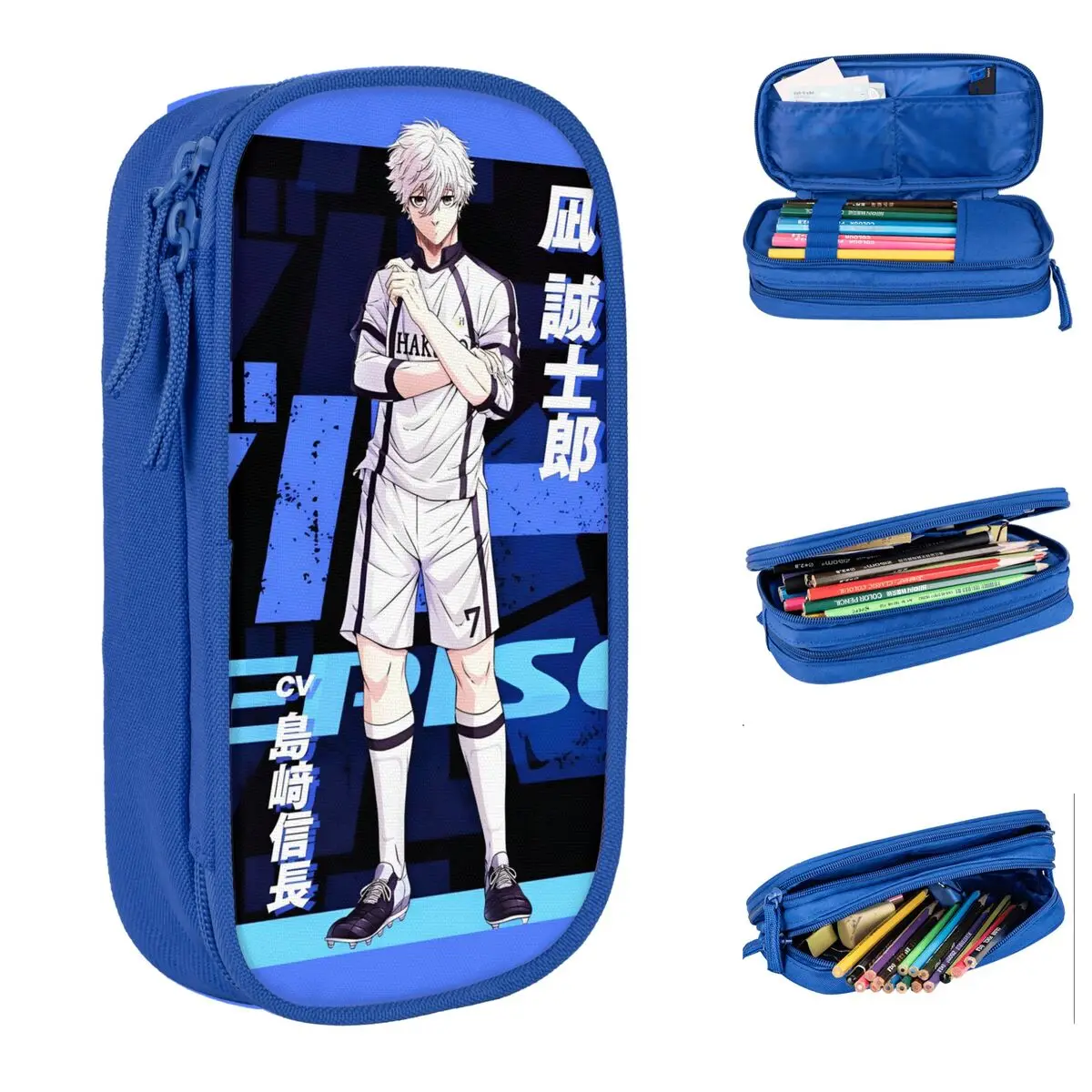 الأزرق قفل أنيمي مقلمة جميلة لاعب كرة القدم حامل قلم أكياس أطفال تخزين كبير اللوازم المدرسية سستة pencelcases