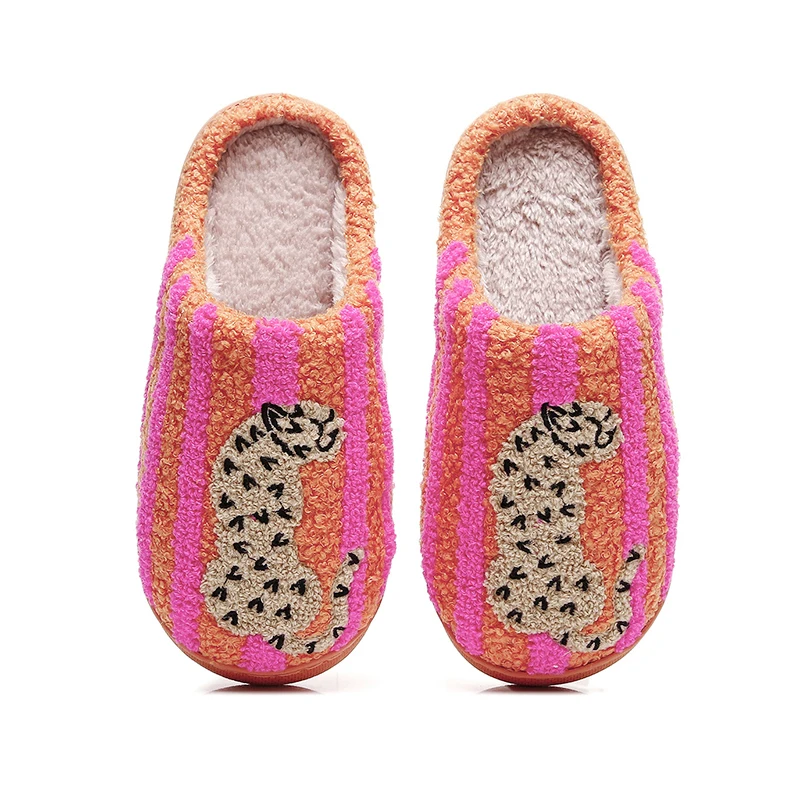 Gestreifte Leoparden-Plüsch-Hausschuhe für Damen, Winter, Innenbereich, rutschfest, bedruckt, Plüschschuhe, Paar, flauschige Fell-Slides, Unisex, Geschenkidee für Feiertage – Detail 9