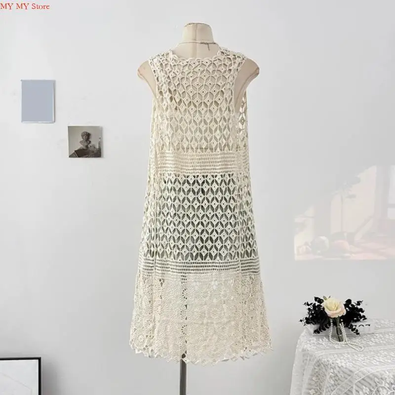 N1HE Lightweight Crochet Lace Top Beach Cover Up Fashion Sleeveless Cardigan For Casual Outfits Multi Occasion Wear