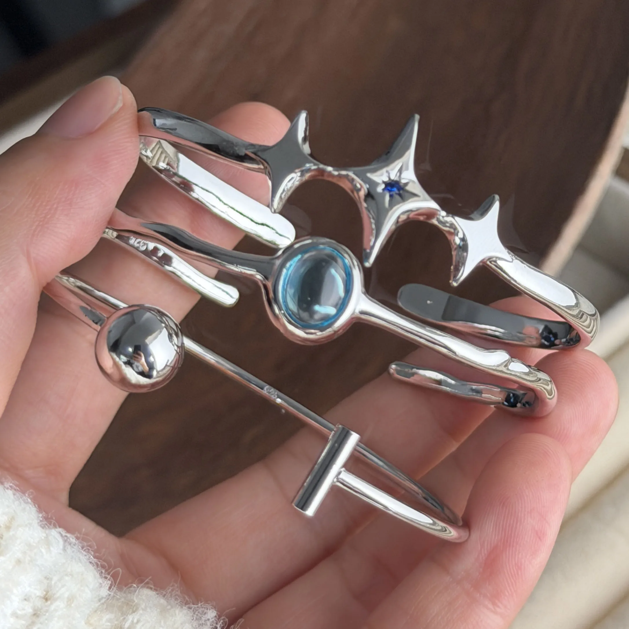 Image of 100% Massives 925 Sterling Silber Metallarmband für Frauen Vintage Handgefertigtes Einfaches Retro Blaustein-Armband Geburtstagsgeschenk Party