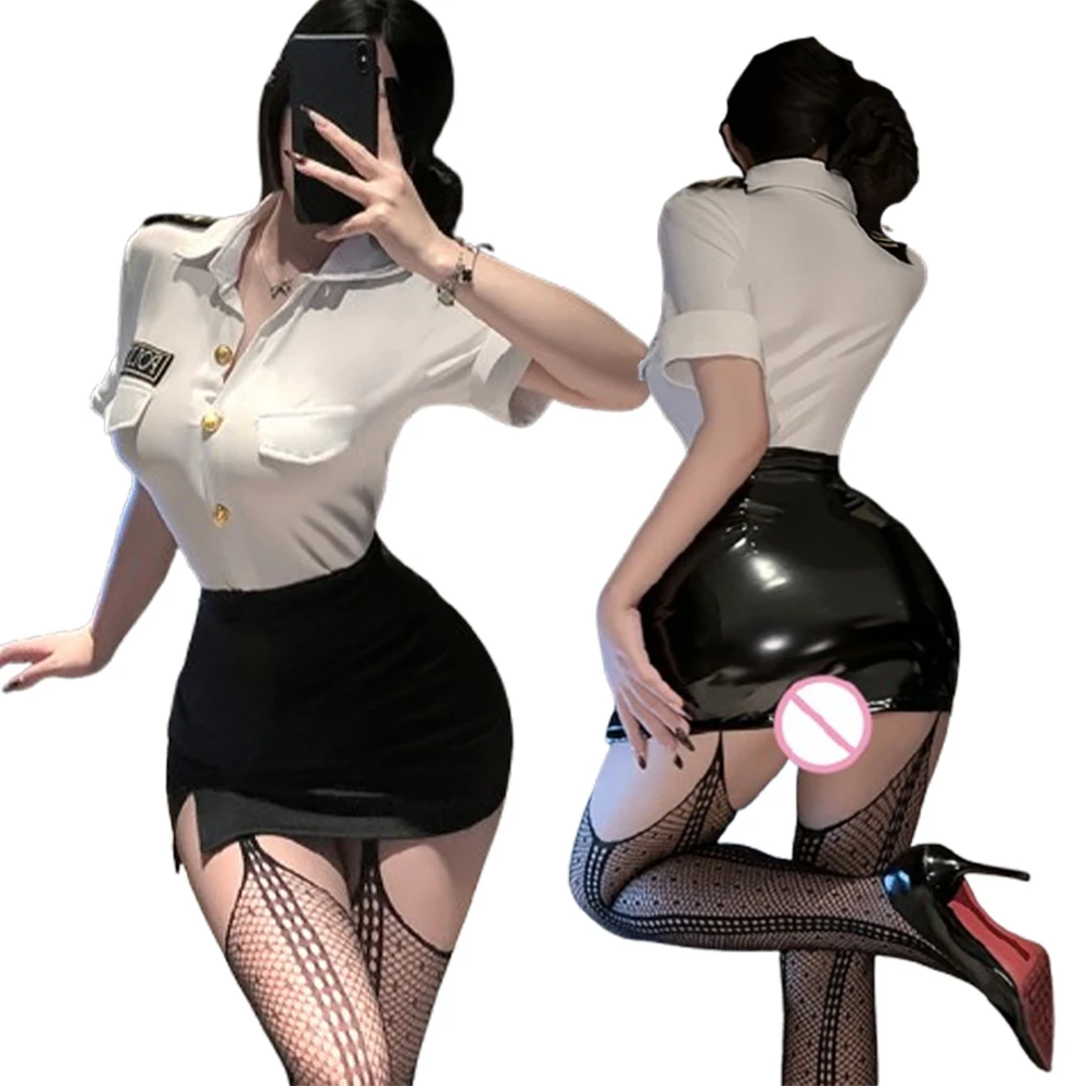New Sexy Policewoman Cosplay Costume Women OL Uniform Outfit Mini Skirt Stockings Set Halloween Role Play Club Party Lingerie