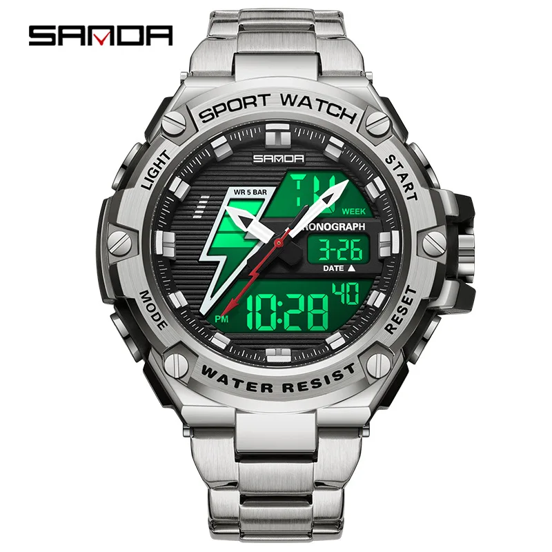SANDA 3336 듀얼 디스플레이 전자 시계 남성용, 충격 방지 및 낙하 방지 50미터 방수 다기능 전자 시계