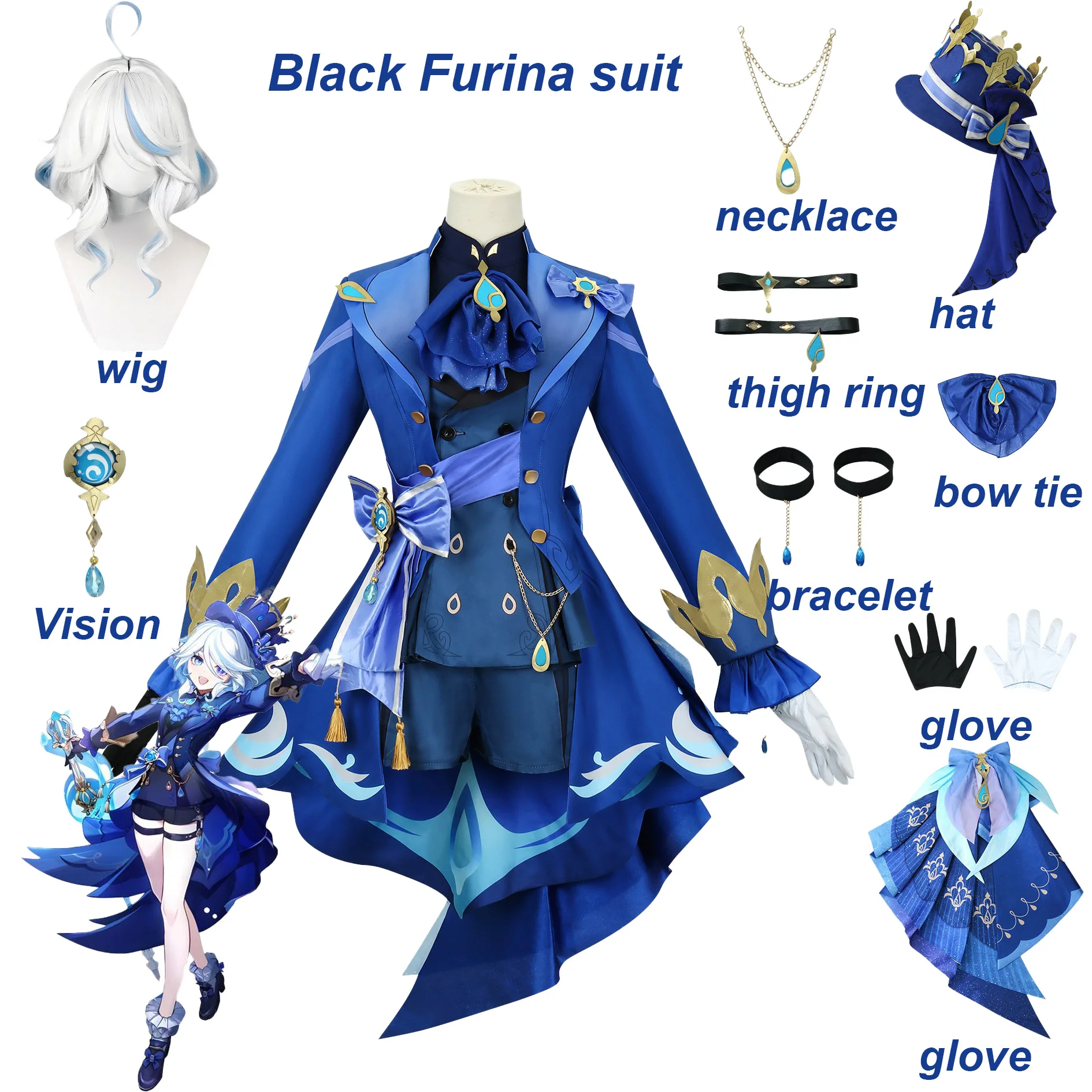 Furina Cosplay Kostüm Perücke Haare Impact Fontaine Focalors mit Hut Schwarze Anzüge High Heel Cosplay Schuhe für Damen Outfits