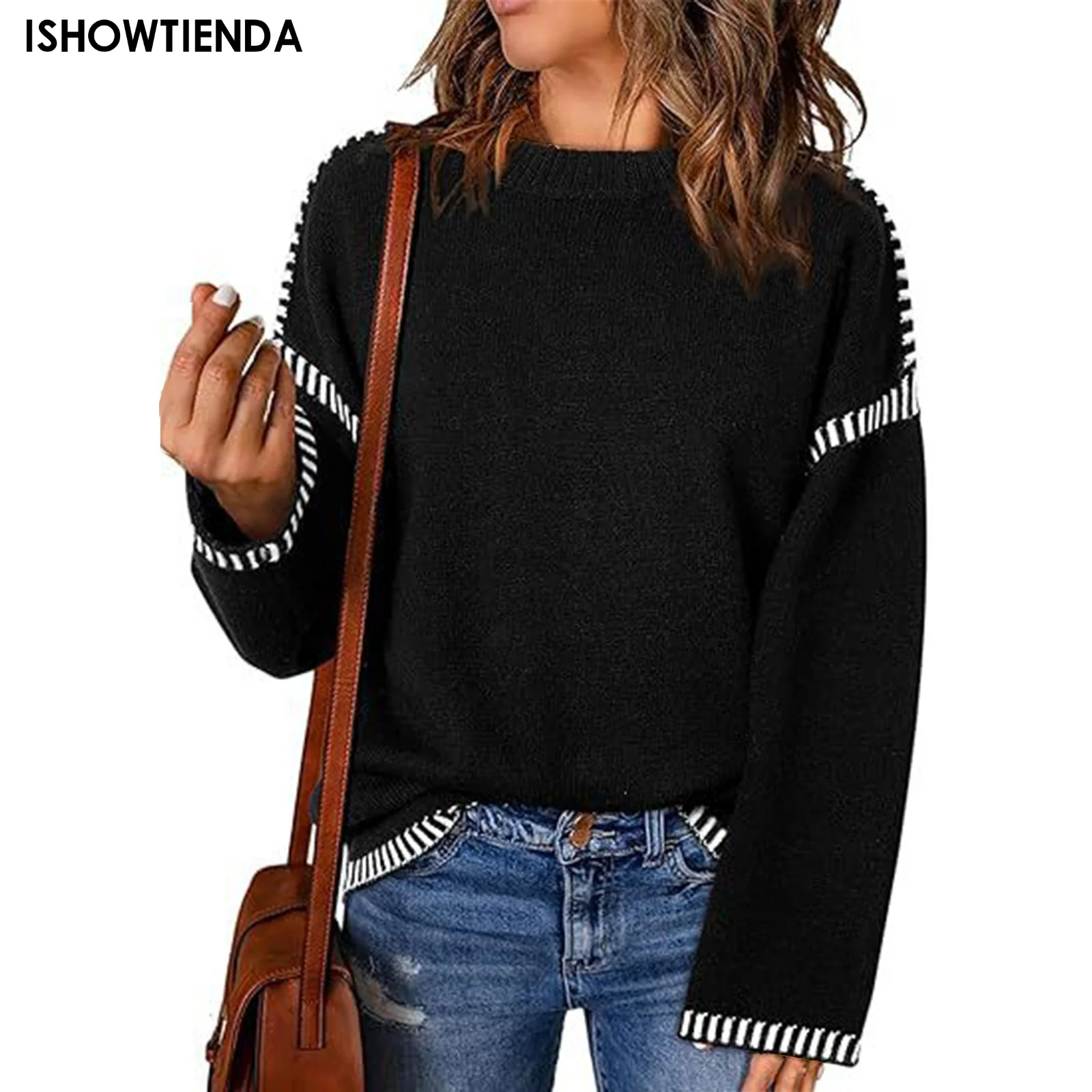 

Women's Long Sleeve Sweater Pullover Vintage Patchwork Knit Sweater Autumn Women O-neck Solid Sweater Loose Harajuku Sweatshirt
