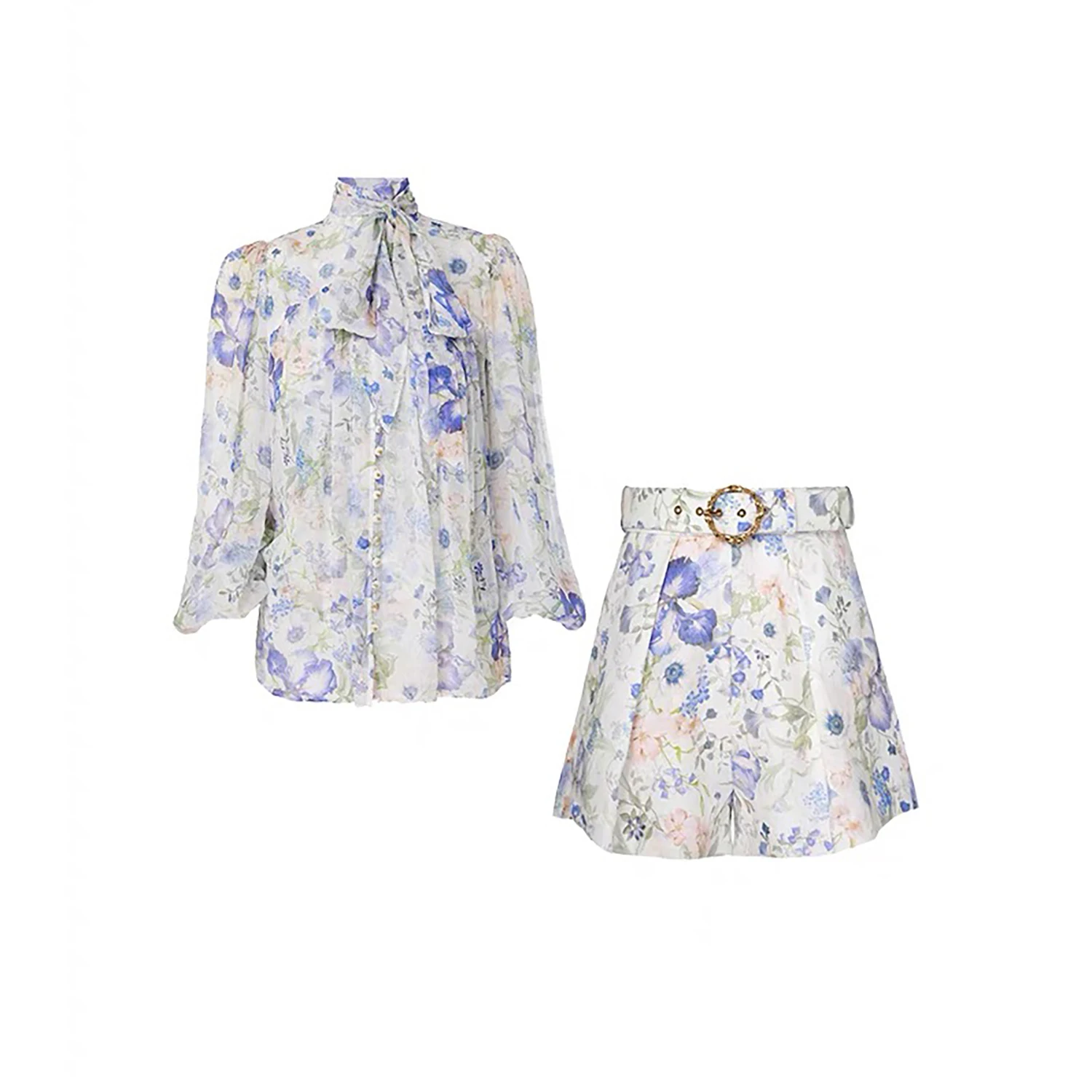 Stampa floreale blu lungo Sve irt con cintura + set di sfere a gamba larga a vita alta Collezione autunnale Faion da donna Manufac cinese...