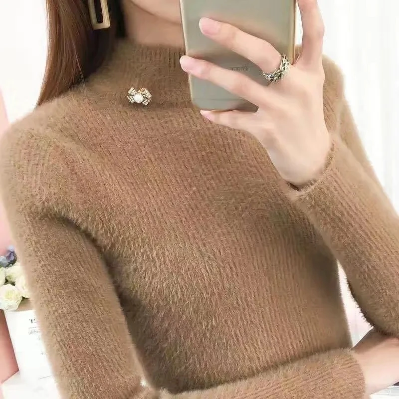 

2024 Fashion Solid Color Turtleneck Women Autumn Winter Knitted Sweaters Basic Primer Pullovers Korean Sweater Slim-fit Pullover