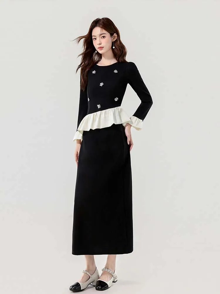 Ensemble 2 pièces élégant à paillettes florales pour femmes, nouvelle collection 2026, hauts patchwork à volants irréguliers et jupe Midi INKEO 5D256